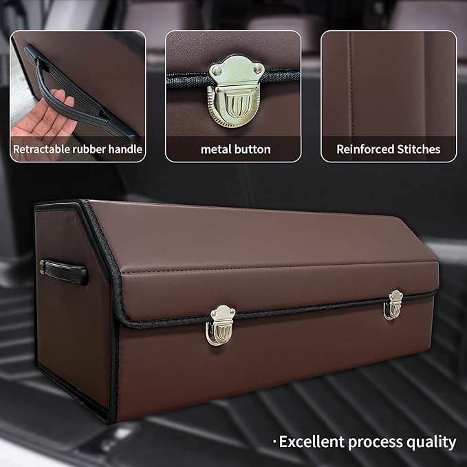 Trunk Organizer for Car With Lid,Foldable Trunk Organizer for SUVs & Sedans,Multi-Functional Leather Storage Box- Brown - Large