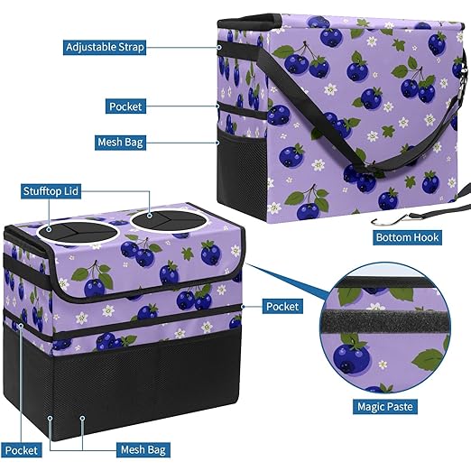 Car Trash Can with Lid, Portable Hanging Automotive Garbage Bin for Vehicles, Leakproof Waste Bag Container for SUV Truck Van Interior Auto Travel Road Trips(Blueberry)