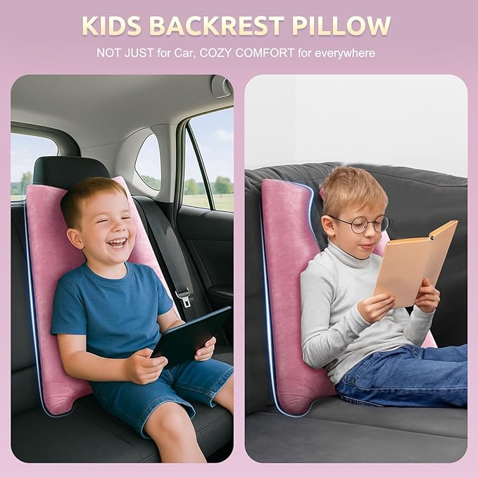 Car Pillow for Kids, Travel Pillow with Adjustable Strap, U-Shaped Pillow for Adults and Children to Support Head and Body Road Trip Essentials (Pink)
