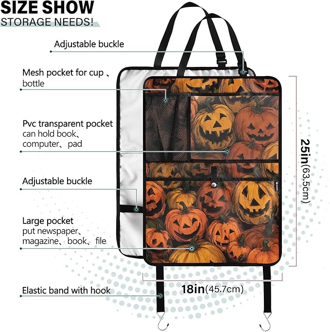 1 Pack Back Seat Car Organizer with Storage Pockets Kick Mats Back Seat Protector Hanging Car Organizer Automotive Seat Back Cover Organizers Cartoon Orange Halloween Pumpkin Lanterns