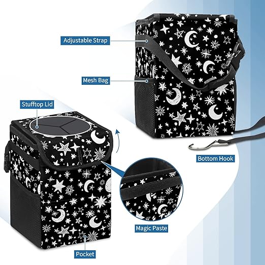 Gothic Black White Moon Stars Car Trash Can with Lid Collapsible Reusable Waterproof Car Garage Bag,Automotive Garbage Can,Car Accessories Interior Car Organizer