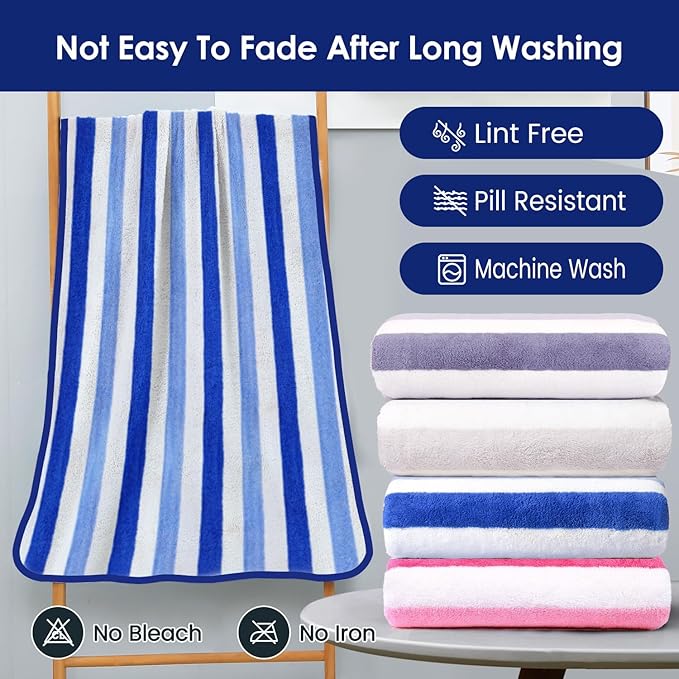 JML Bath Towels, Pack of 4, 30"x60", Large Microfiber Towel Set, Ultra Soft, Super Absorbent, Fast Drying, Perfect for Suana, Shower, Pool, Sport, Travel, Fitness, SPA,Yoga, Cabana Stripe Blue