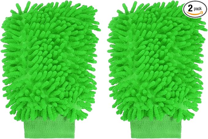 HARFINGTON 2pcs Premium Chenille Microfiber Car Wash Mitts 9.8" x 7.9" Scratch Free Wash Gloves Absorbent Double Sided Plush Cleaning Drying Mitts for Car Washing Home Green