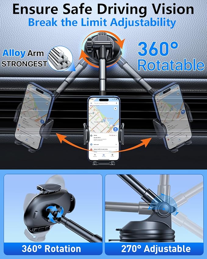 HTU 【Military-Grade Suction】 2025 Cell Phone Holder for Car【Flexible Telescopic Arm】 Car Phone Mount Stand for Dashboard Windshield for iPhone 16 Pro Max 15 14 13 12 Samsung Truck Jeep, Black