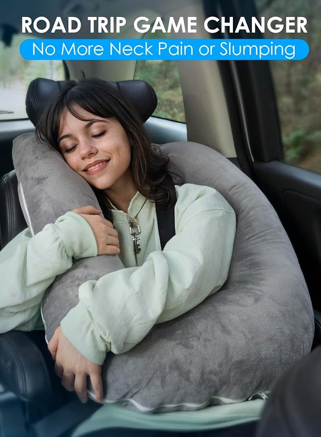 QUEEN ROSE Car Travel Pillow for Sleeping, Adjustable Head Support for Adults & Kids, Breathable Soft Neck Cushion for Road Trips, Machine Washable Cover, Grey