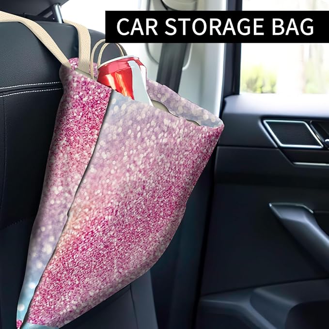 Car Trash Can, Cute Car Trash Bag, Hanging Car Organizer and Storage Bag, Trash Bin for Car Accessories, Vehicle, Travelling, Camping Rainbow Glitter Pattern