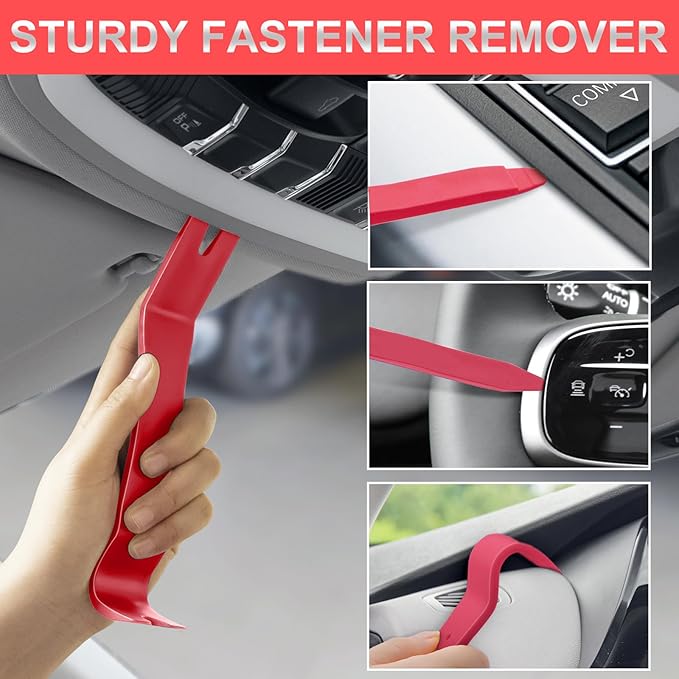 11 PCS AutoTrim Removal Tool Kit, Metal Pry Tool Auto Fastener Remover Pry Bar Set Trim Remover Kits for Vehicle Door Panel, Audio Radio Panel, Dashboard Repair Kit RED