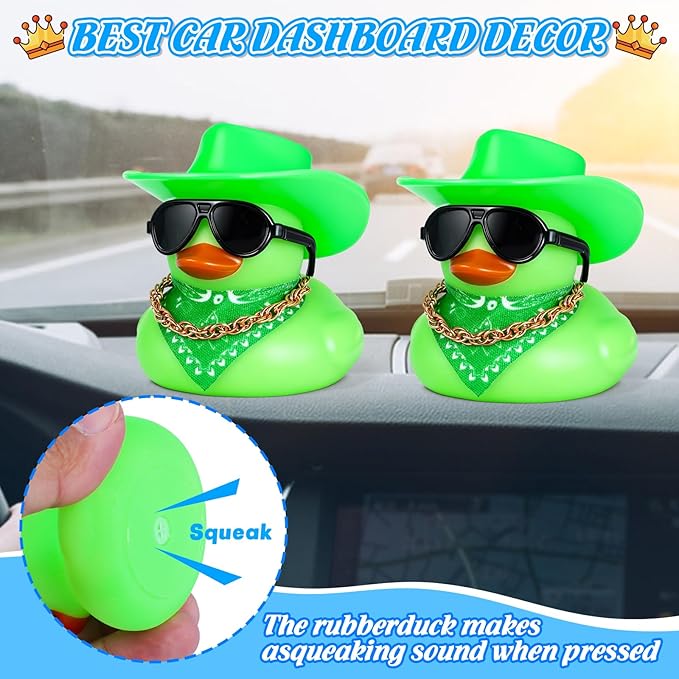 BOZILY Green Cowboy Hat Rubber Duck Car Dashboard Decoration - Squeaky Silicone Duck with Glasses, Gold Chain & Scarf for Stress Relief Fun Driving Ornament