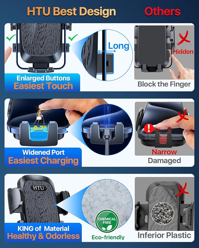 HTU Upgraded Strongest Suction Car Phone Holder Bendable Arm, Never Block View Rotatable Cellphone Mount for Dashboard Windshield Vent, Cradle Stand for iPhone 17 16 15 14 13 12 Pro Max (Black)