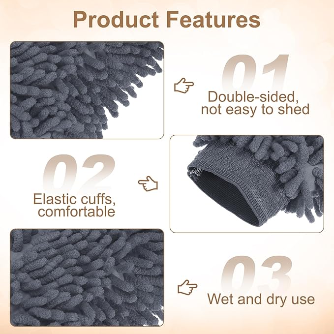 HARFINGTON 2pcs Chenille Microfiber Car Wash Mitts 9.8" x 7.9" Scratch Free Wash Gloves Absorbent Double Sided Plush Cleaning Drying Mitts for Car Washing Home Gray