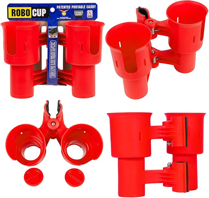 ROBOCUP, Patented Boat Cup Holder, Clamp on Portable Storage Caddy Securely Holds 2 Drinks, Fishing Poles, Tools, Marine Gear | Perfect for Boating, Beach Umbrellas, Golf Carts