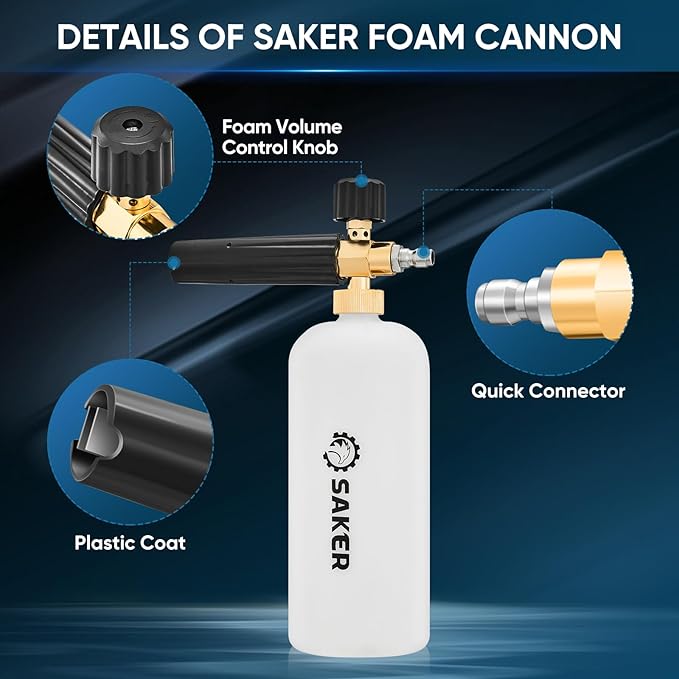 Saker Foam Cannon, 1/4 Inch Quick Connect, Power Washer Foam Cannon with 5 Pressure Washer Nozzles