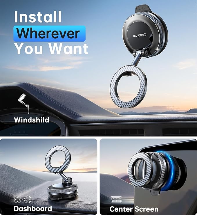 Coolpow【Newest Nano Gel Suction Cup Vacuum Magnetic Phone Holder for Car Phone Holder Mount【Movable Suction】Magsafe Car Mount Cell Phone Holders for Your Car Accessories for iPhone 17 Pro Max 16 15 14