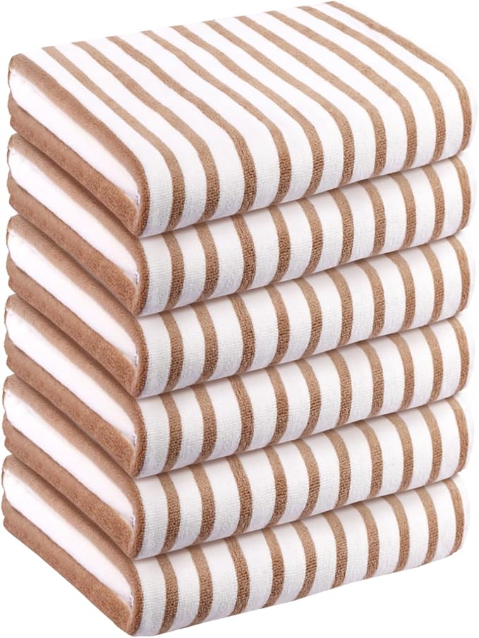 JML Microfiber Beach Towels, Large Bath Towel Set for Adult, 6 Pack, 27" x 55" - Cabana Stripe - Absorbent, Quick Dry Lint-Free, No Fading for Party, Hair Wrap, Pool, Sport, Yoga, Swimming, Coffee