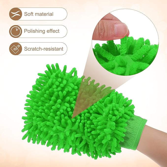 HARFINGTON Chenille Microfiber Car Wash Mitts 9.8" x 7.9" Scratch Free Wash Gloves Absorbent Double Sided Plush Cleaning Drying Mitts for Car Washing Home Green