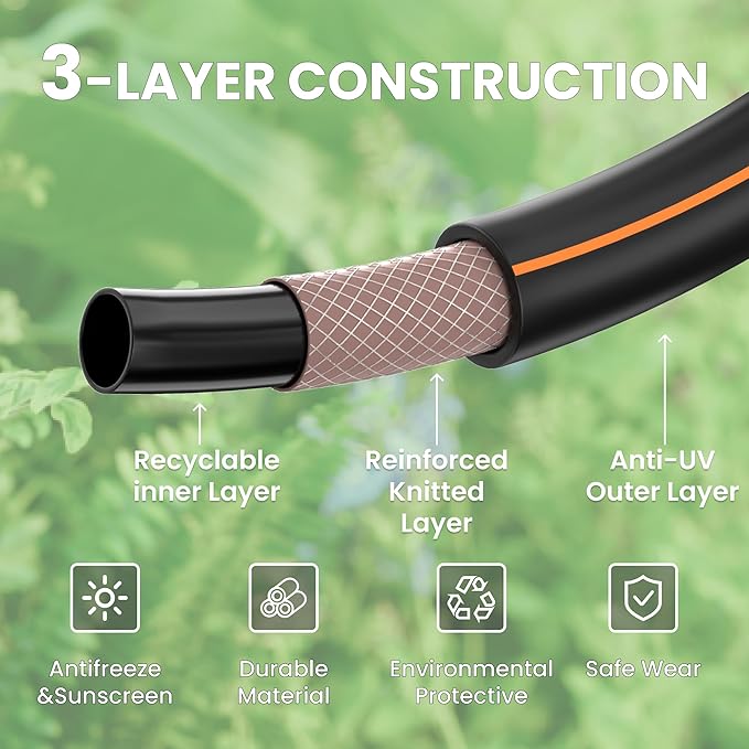 Giraffe Tools 100FT Garden Hose 5/8'' Set with 10-Pattern Spray Nozzle, Quick Connects & Ground Spinkler, for Garden Greenhouse Flower Bed Garden Water Hose