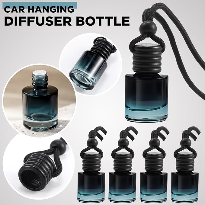 Domensi 70 Pieces Hanging Car Diffuser Air Freshener Bottle Bulk Empty Glass Refillable Perfume Bottles Oil Diffuser Aromatherapy Pendant for Auto Interior Ornaments Decor (Black)