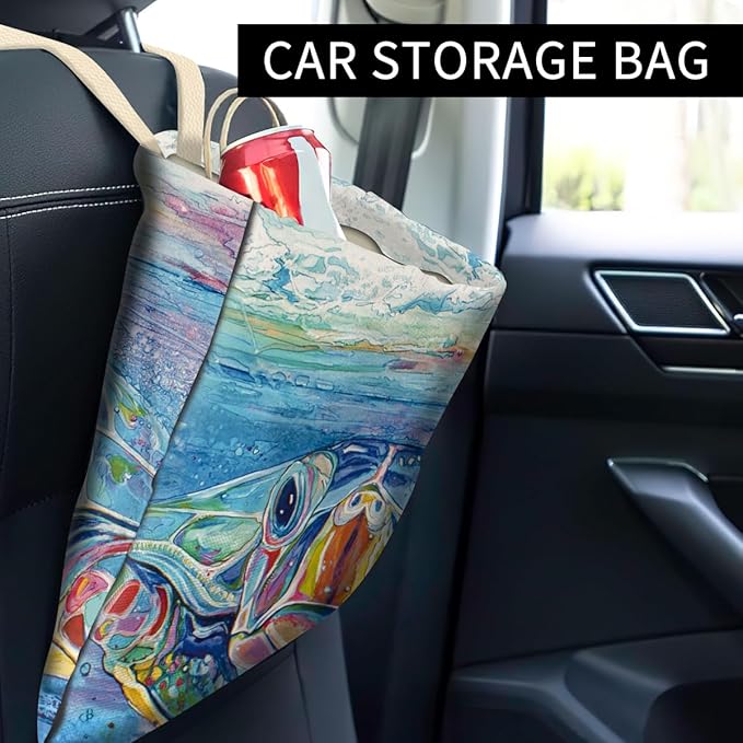 Car Trash Can, Cute Car Trash Bag, Hanging Car Organizer and Storage Bag, Trash Bin for Car Accessories, Vehicle, Travelling, Camping Colorful Watercolor Turtle