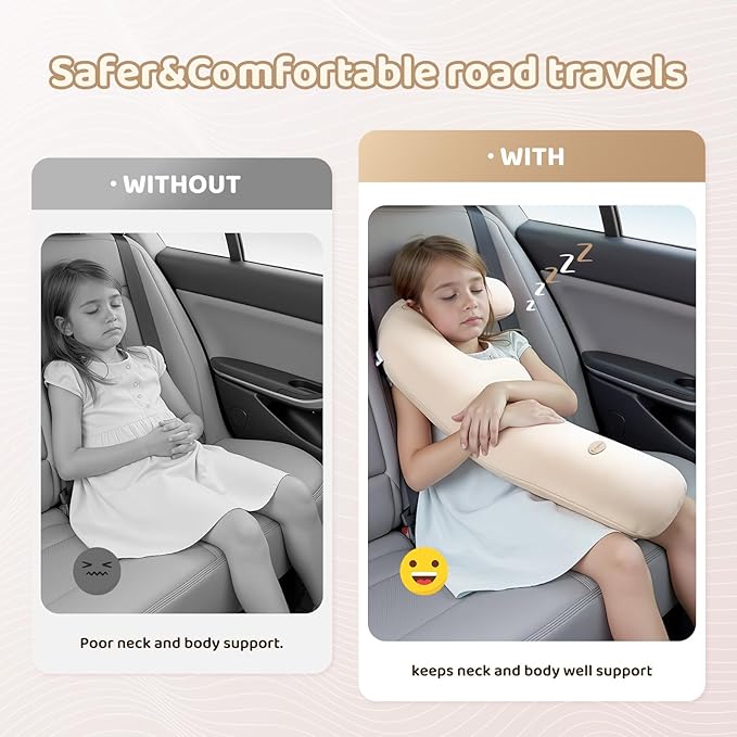 FLORICH Memory Foam Kids Travel Pillow, Car Sleeping Pillow, F-Shape Car Pillows for Adults and Children, Traveling Car Pillow for Kids with Removable Pillowcase (Beige)