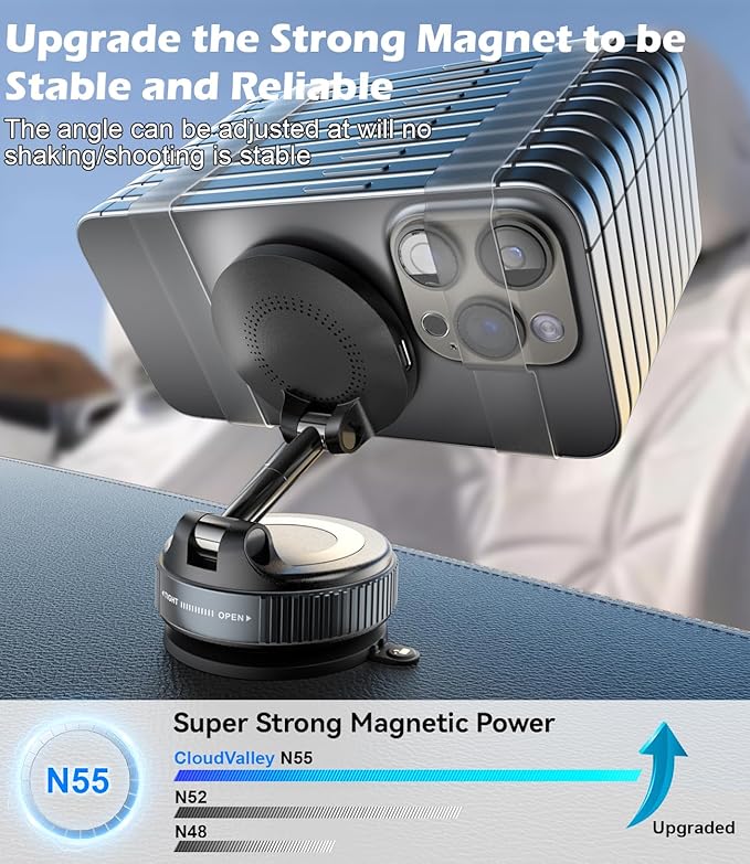 CloudValley 15W Wireless Fast Charging Car Phone Mount, Nano Gel Vacuum Suction Magnetic Phone Holder, 360° Adjustable Car Mount for iPhone 17/16/15/14/13, Strong Grip on Rough Surfaces