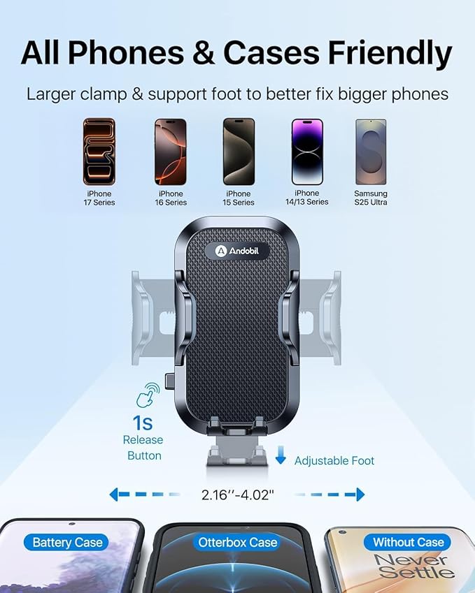 andobil Military-Grade Cup Phone Holder for Car/Truck, [2026 Enhanced] 13" 360° Adjustable Gooseneck w/Anti-Shake Car Mount, Universal Car Phone Holder for iPhone/Samsung/Pixel All 4.0-7.0" Devices