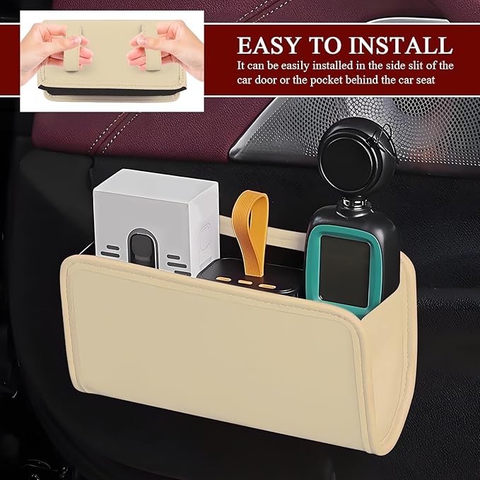 Hovom Car Trash Can, Leather Waterproof Automotive Garbage Can with Trash Bag, Hanging Mini Vehicle Trash Bin, Small Auto Door Organizer Storage Pouch, Universal Car Accessories (Beige)