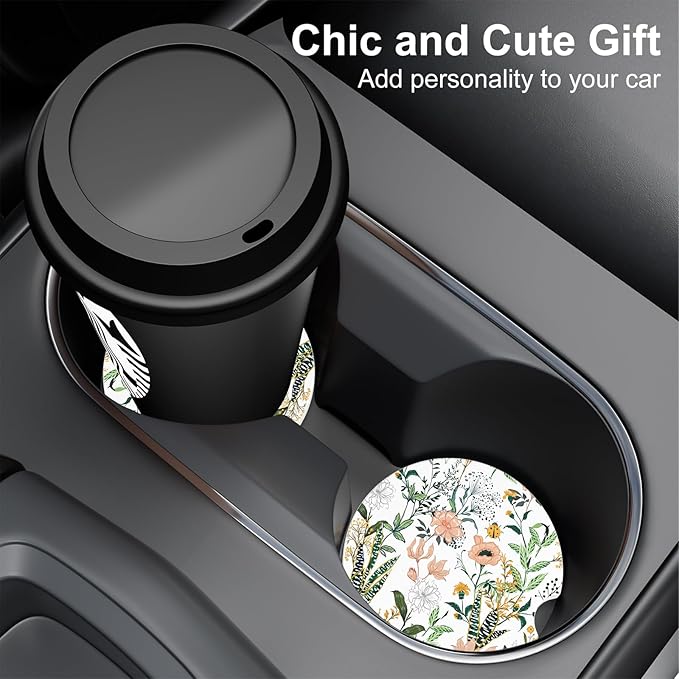 Car Cup Holder Coaster, Car Coasters for Cup Holders, 4 Pack Universal Anti Slip Insert Absorbent Ceramic Auto Interior Accessories with A Finger Notch & Cork Base, Village Road Flowers