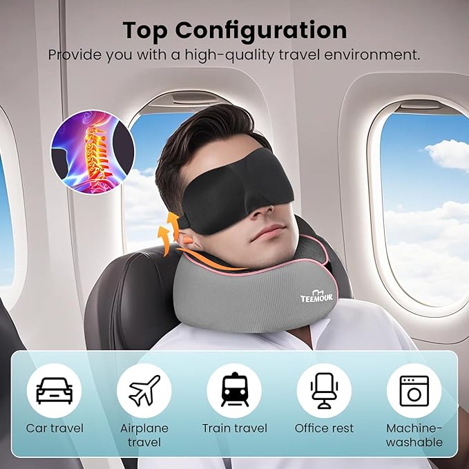 Travel Neck Pillow Airplane- Stocking Stuffers Upgraded 360° Support Travel Pillows for Airplanes, with Eye Mask & Earplugs, Portable Carry Bag for Long Flights, Business Trip|Travel Essentials