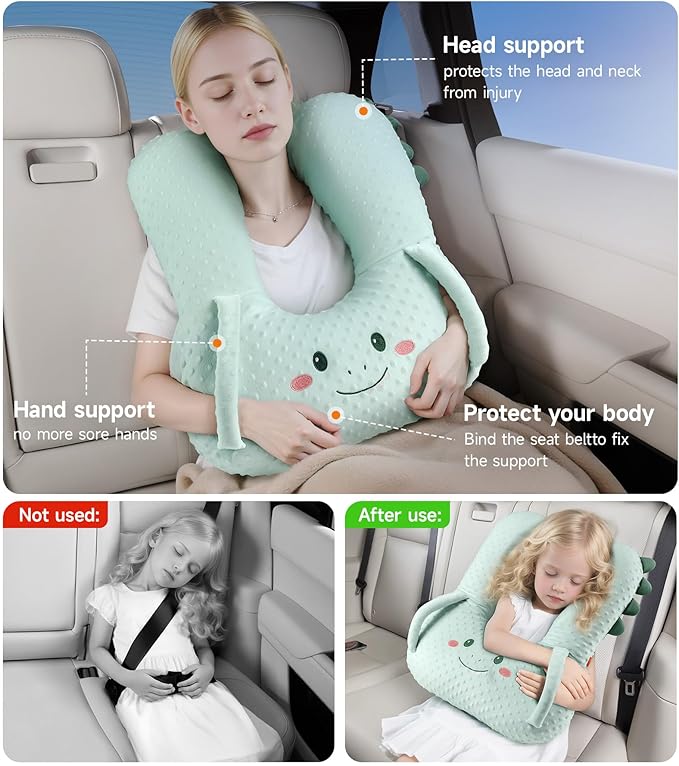 BEBAS U-Shaped Kids Travel Pillow for Car - Comfortable Neck and Head Support Pillow for Sleeping on Long Trips, Cute Cartoon Design, Ideal for Car Seats, Booster and Home Use, Great Gift Idea（Green）