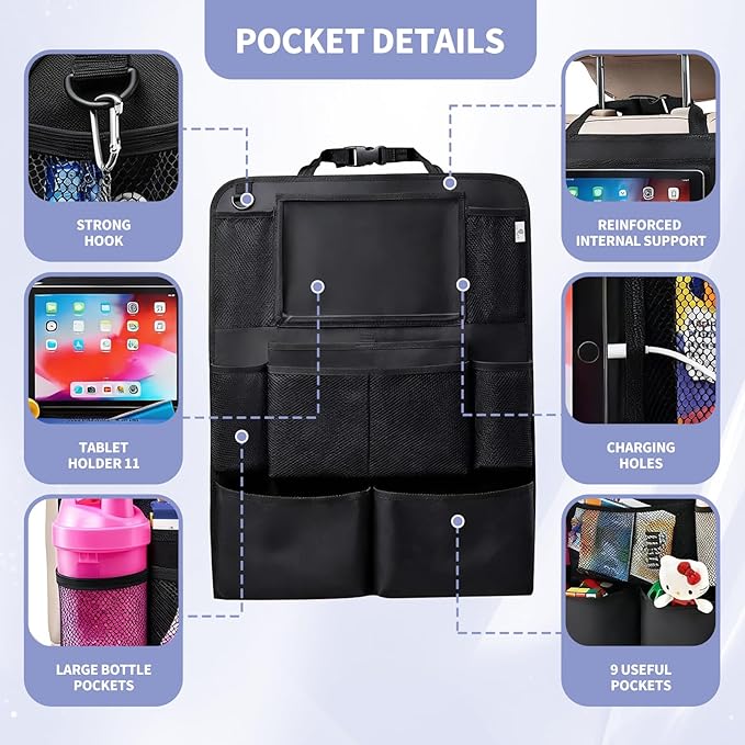 1 piece Car Back Seat Organizer with Tablet Holder, Premium 600D Oxford Fabric, 25x19 inch, 9 Storage Pockets, Waterproof, Tear Proof, Black
