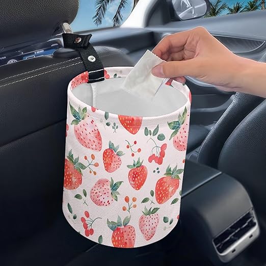 Trash Bag, Car Garbage Can Hanging Back Seat Organizer Trash Can Bin for Vehicle, Travelling, Camping - Strawberry
