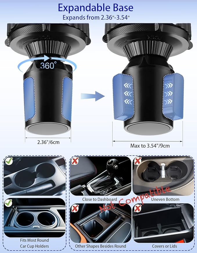 Car Cup Holder Tray - 4 in 1 Adjustable Car Cup Holder Expander with 360° Rotatable Food Tray Table and Phone Mount for Driver and Front Passenger, Automotive Road Trip Essentials