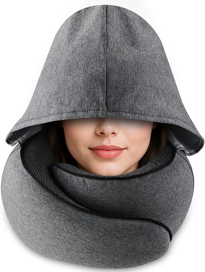 Travel Pillow with Hood (Dark Gray) - for Airplane Travel and Car Ride Nap, Foldable Hood, Slow-Rebound Memory Foam, 360 Ergonomic Design, Compact and Portable in Travel Bag
