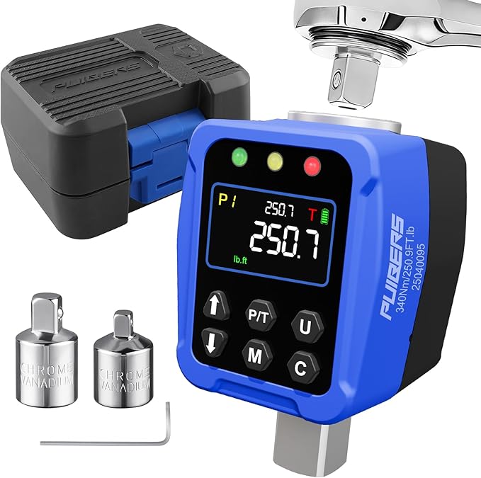 1/2" Drive Digital Torque Wrench Adapter- 12.5-250.7 Ft-lb / 17-340 Nm, Digital Torque Adapter ±2% Accuracy, Colour LCD Display, 1/4” & 3/8” Adapters for Car & Motorcycle Maintenance