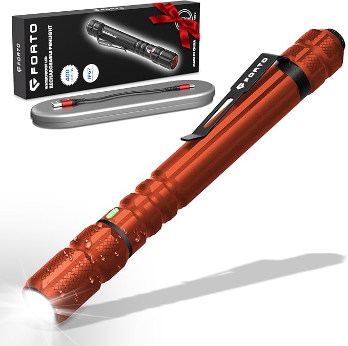 FORTO Rechargeable Pen Light Flashlight, 400 Lumens Small Pocket Flashlight with Clip, IP67 Waterproof, 2 Light Modes, 3-Color Battery Indicator, Type-C Charging, for Inspection,Emergency (Orange)