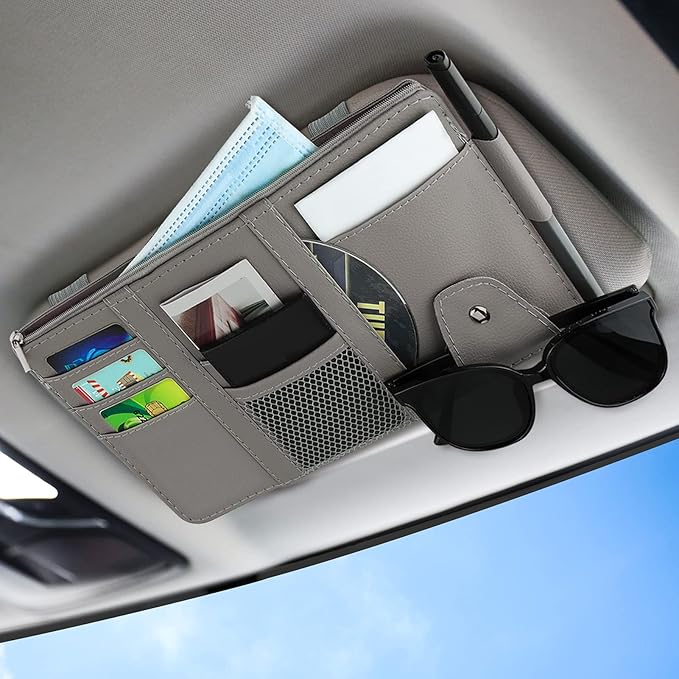 Car Sun Visor Organizer, Leather Pocket Organizer Sunglass Holder for Car Interior Accessories with Multi-Pocket Net Zipper (Gray)