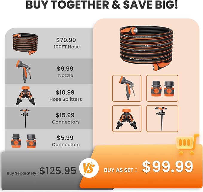 Giraffe Tools 100FT Garden Hose 5/8'' Set with 10-Pattern Spray Nozzle, Quick Connects & Ground Spinkler, for Garden Greenhouse Flower Bed Garden Water Hose