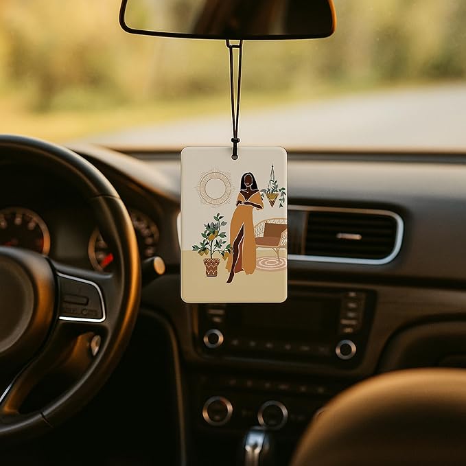 Modern Boho Black Woman Car Air Freshener 4 Pcs, Boho Minimalist Tropical Botanical Air Freshener Hanging for Cars Books Closet Drawer, Car Accessories Gifts for Black Women Girls