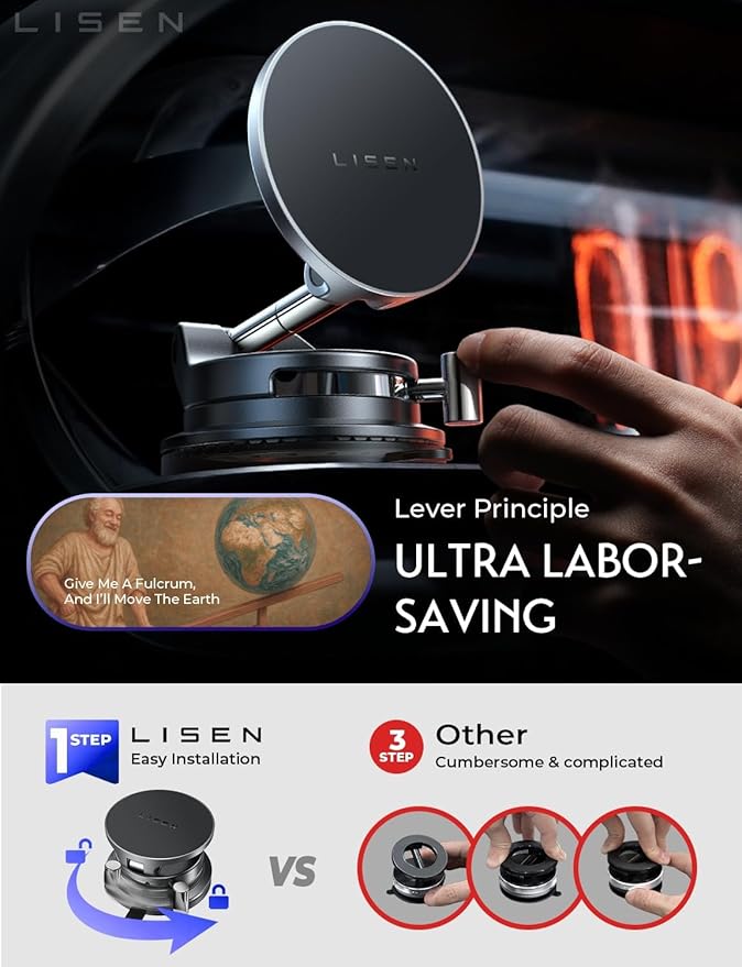 LISEN 15W Magsafe Car Mount Charger， [ SuctionPro ] 15W Wireless Car Charger, Suction Cup Phone Holder,360 Vacuum Magnetic Phone Holder for iPhone 17 Pro Max Air 17-12,Samsung S25 with MagSafe Case