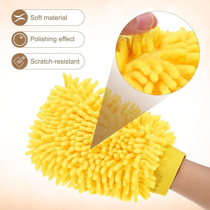 HARFINGTON 2pcs Chenille Microfiber Car Wash Mitts 9.8" x 7.9" Scratch Free Wash Gloves Absorbent Double Sided Plush Cleaning Drying Mitts for Car Washing Home Yellow