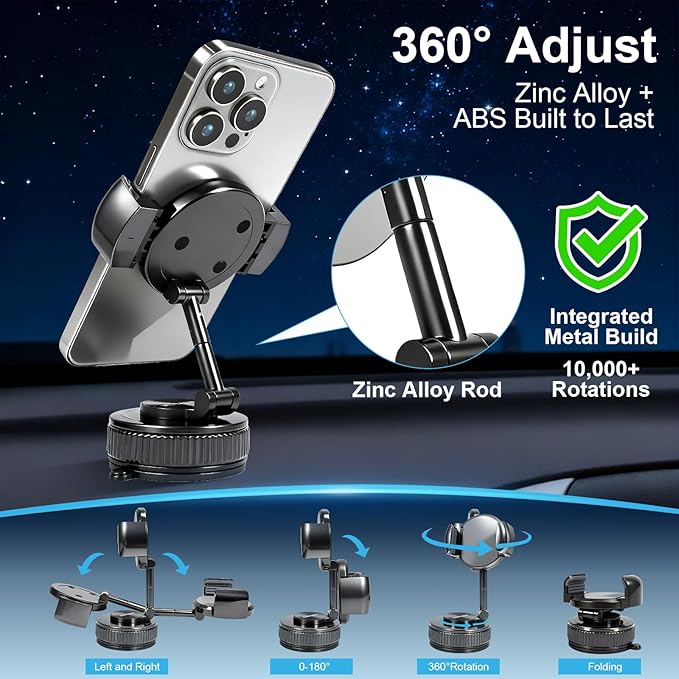 Adjustable Dashboard & Windshield Phone Mount – 360° Rotating Car Phone Holder with Strong Suction Cup, Anti-Slip Grip, Universal Fit Compatible with iPhone & Android Smartphones