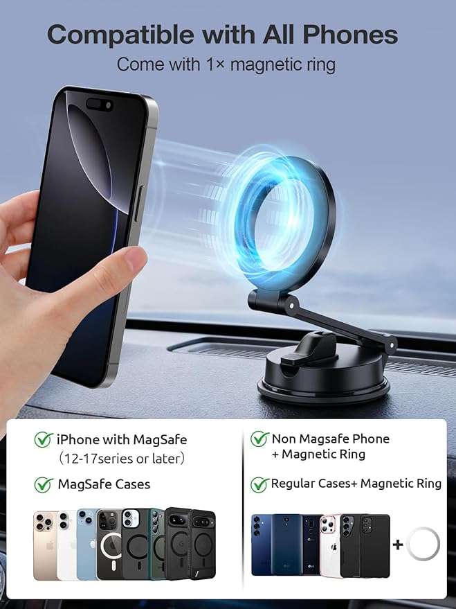 Foldable Magnetic Phone Holder for Car, 360°Rotation Cell Phone Car Mount with Strong Stable Suction, Car Phone Holder for MagSafe Compatible with iPhone 17 Pro Max 16 15 14 13 12 Plus