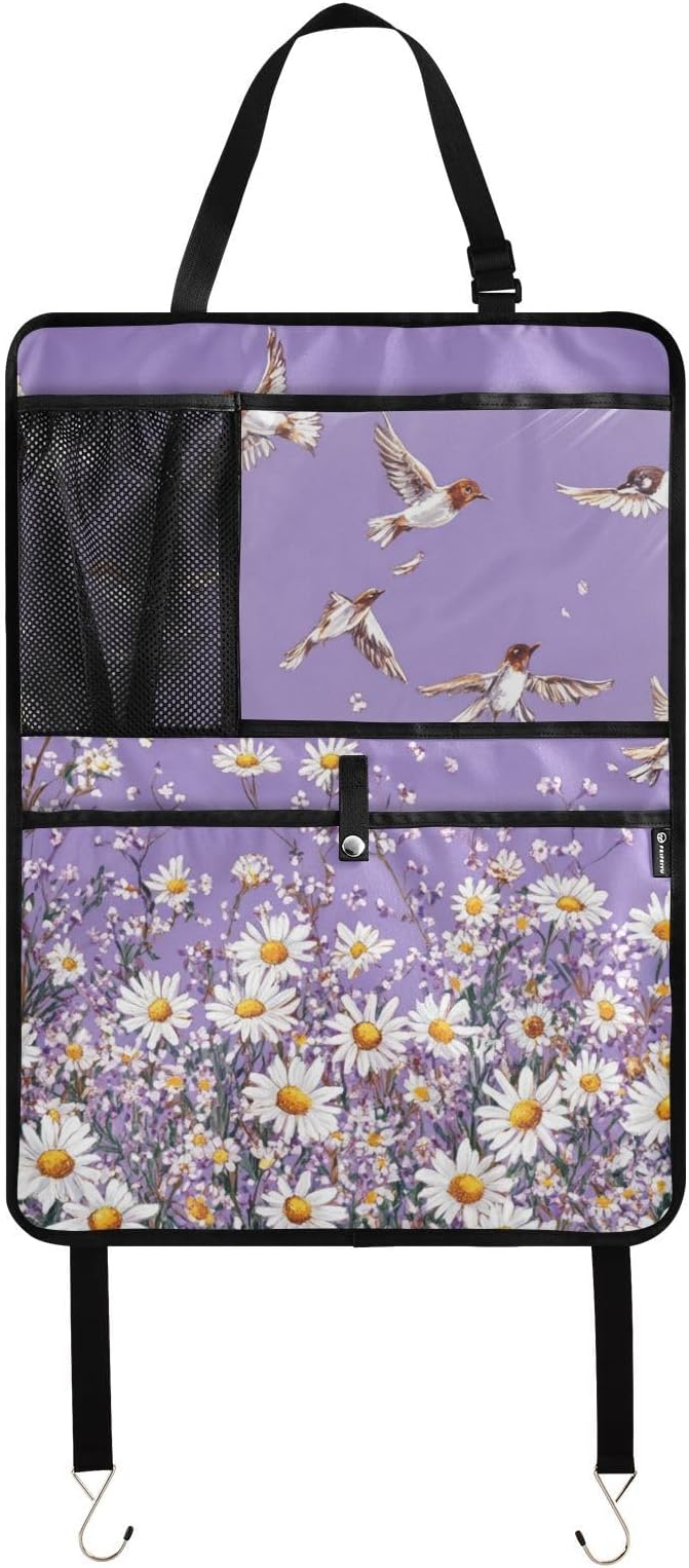 Purple Daisy Flowers and Flying Birds 1 Pack Backseat Car Organizer with Storage Pockets Seat Back Organizers for Kids Kick Mats Backseat Protector Automotive