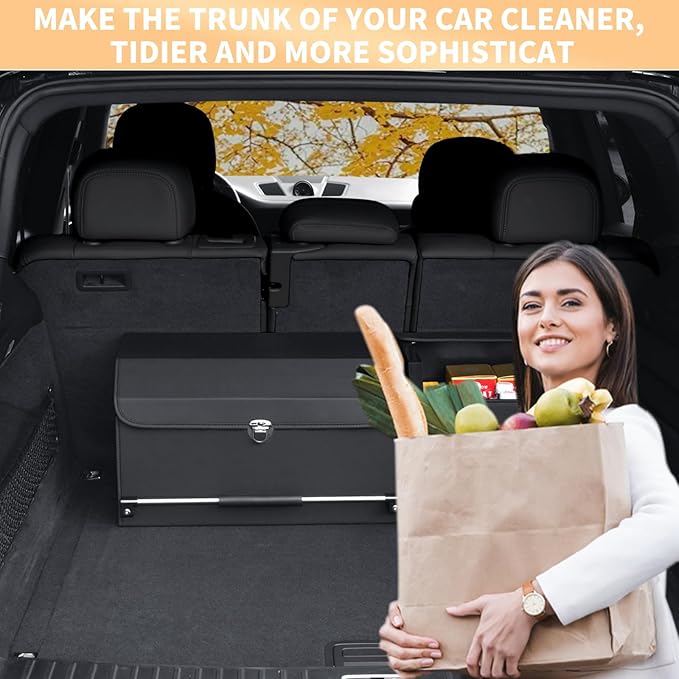 Car Trunk Organizer, Leather Trunk Organizer for SUV with Lid and Sturdy Handle Collapsible Adjustable Storage (Black, 33 x 11.4 x 12.2in)