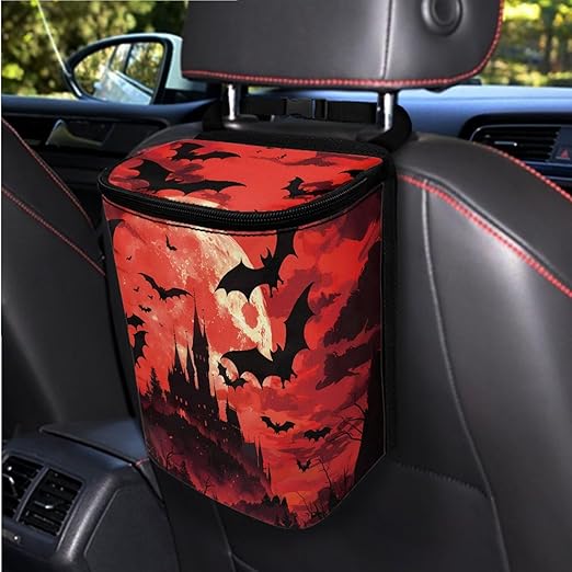 1.2 Gallons Car Trash Bin, Gothic Halloween Print Trash Can for Truck, Adjustable Hanging for Tail of Console/Back of Seats, Odor-Free with Zipper Leak-Proof Design, Mini Size for Convenience