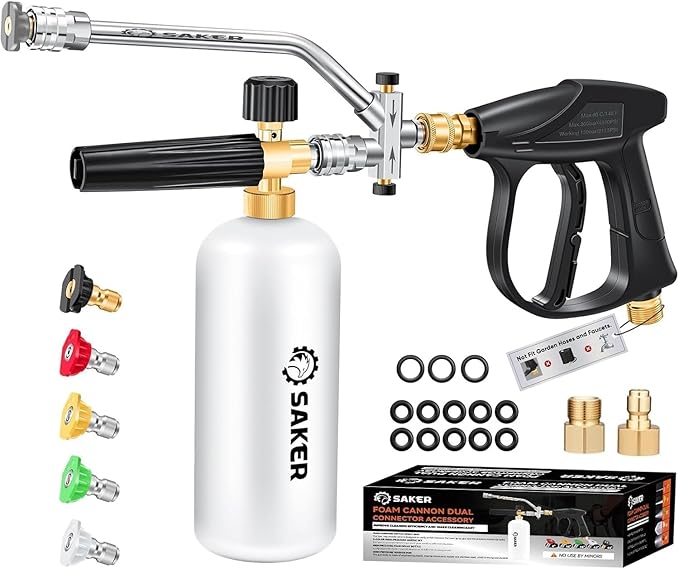 Saker Foam Cannon Dual Connector Accessory for Pressure Washer Kit,with Foam Cannon Dual Connector,Pressure Washer Gun for Car Washing and Cleaning,5 Power Washer Sprayer Nozzles