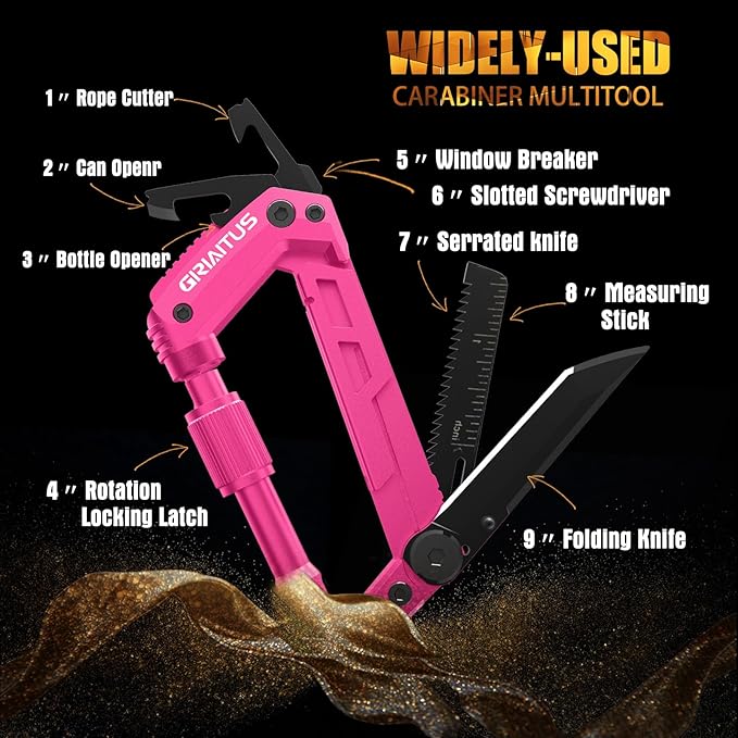 Multitool Carabiner with Pocket Knives, EDC Carabiners, Folding Serrated Knife, Can Bottle Opener, Rope Cutter, Screwdriver, Keychain Knife for Camping Hiking, Gifts for Women/Men (Pink)
