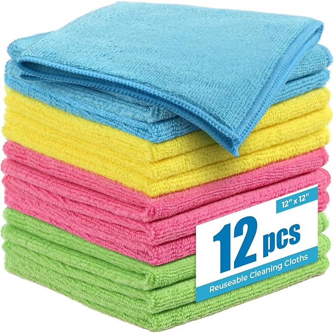 Microfiber Cleaning Cloth 12"X12" 12 Pack Colour Lint Free Microfiber Towels for Cars-Extra Thick, Streak-Free, Fast Absorbent - Reusable Multi-Purpose Housekeeping Rags for Cars
