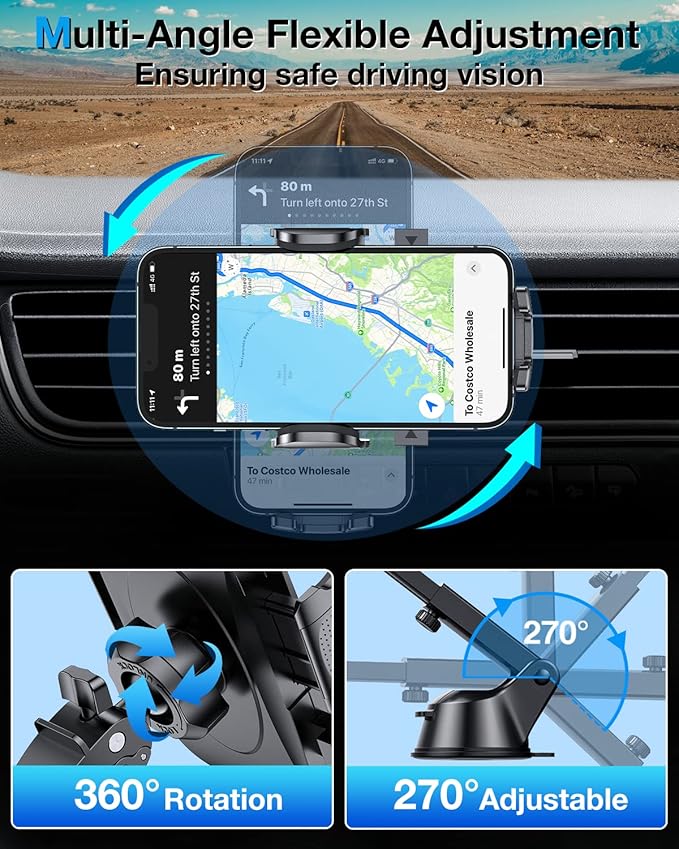 HTU [True Military-Grade] 2025 Upgraded Car Phone Holder 【Safety Certs & No Smell】 Cell Phone Holder for Car Mount for Dashboard Windshield Air Vent Long Arm Thick Case,Sapphire Blue