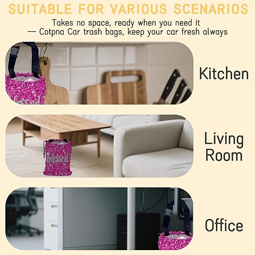 Blessed Car Garbage Bag,Pink Glitter Small Car Trash Bag Hanging Back of Seat,Drawstring Car Trash Bag with Adjustable Buckle,Car Accessories for Camping Travelling